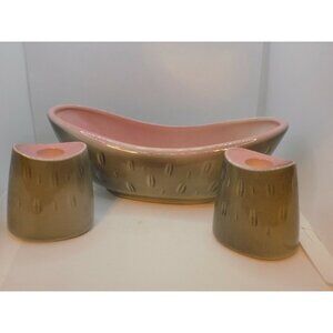 Vintage Royal Windsor Planter Bowl and 2 Candlesticks Gray Pink Interior USA Pot